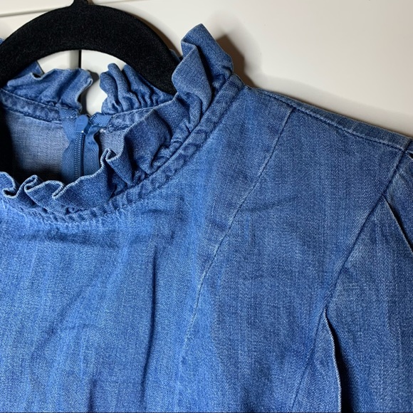 Zara High-Neck Ruffle Denim 3/4 Sleeve Puffy Top - Picture 2 of 14